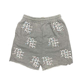 Mixed Emotion Unisex All‑Over Rhinestone Gothic Print Sweat Shorts Elastic Drawstring Waist Raw Cut Hem Street Shorts Black Grey