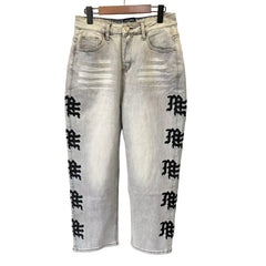 Mixed Emotion Gothic Side Letter Print Baggy Denim Jeans Acid‑Wash Y2K Streetwear Wide‑Leg Pants