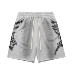 Mixed Emotion Distressed Faded Wash Gothic Graphic Raw Hem Sweat Shorts Y2K Streetwear Unisex Baggy Shorts