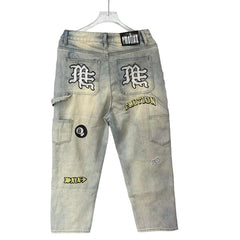 Mixed Emotion Multi‑Patch Distressed Carpenter Denim Jeans Y2K Streetwear Baggy Wide‑Leg Pants