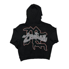Mixed Emotion Black Cropped Zip Hoodie Cupid Angel Art, Graffiti “Emotion” Rhinestone‑Style Print Y2K Gothic Street Top