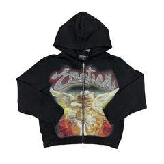 Mixed Emotion Black Cropped Zip Hoodie Cupid Angel Art, Graffiti “Emotion” Rhinestone‑Style Print Y2K Gothic Street Top