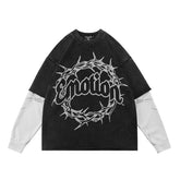 Mixed Emotion Vintage Washed Fake Layer Long Sleeve Top Crown‑of‑Thorns Print Unisex Gothic Punk Street T‑Shirt