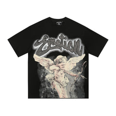 Mixed Emotion Cupid Graphic T-Shirt – Vintage Angel Streetwear Tee | Rhinestone Style Print Oversized Black Tee