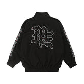 Mixed Emotion Oversized Black Stand‑Collar Windbreaker Rhinestone‑Detail Gothic ME Logo Unisex Street Jacket