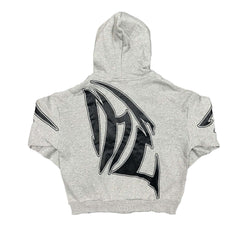Mixed Emotion Heather Gray Destroyed Full Zip Hoodie Faux‑Leather ME Graphic Unisex Cropped Y2K Street Jacket