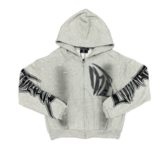 Mixed Emotion Heather Gray Destroyed Full Zip Hoodie Faux‑Leather ME Graphic Unisex Cropped Y2K Street Jacket