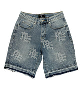 Mixed Emotions "ME" Rhinestone Denim Shorts Blue