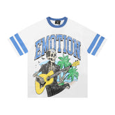 Mixed Emotion Vintage Distressed Beach Skeleton Guitar Varsity Tee | Striped Sleeve Unisex Streetwear T‑Shirt