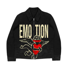 Mixed Emotion Vintage Wash Black Denim Trucker Jacket Blind‑Folded Cupid Heart Print Unisex Street Outerwear