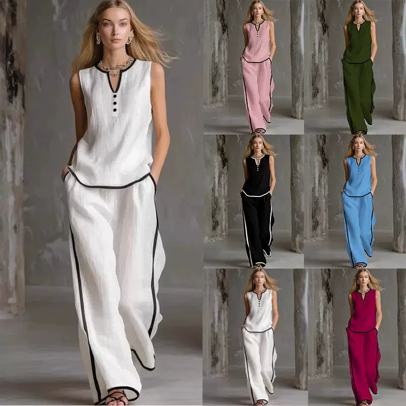2026 European and American Cross border Foreign Trade Amazon New Women's Leisure Fashion Two piece Set Color Contrasting Sleeveless Wide Leg Pants Set