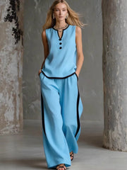 2026 European and American Cross border Foreign Trade Amazon New Women's Leisure Fashion Two piece Set Color Contrasting Sleeveless Wide Leg Pants Set
