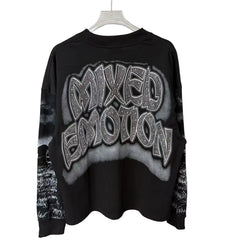 Mixed Emotion Oversized Black Long‑Sleeve T‑Shirt Horror Zombie Cemetery Graphic Unisex Cropped Punk Street Top