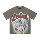 Mixed Emotion Vintage Blinded Cupid Angel Oversized Tee | Retro Graffiti Font Unisex Streetwear T‑Shirt