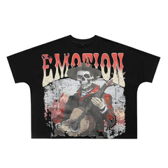 Mixed Emotion Retro Western Skeleton Cowboy Musician Cropped Tee | Faded Grunge Distressed Unisex Streetwear T‑Shirt