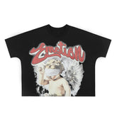 Mixed Emotion Vintage Blinded Cupid Angel Cropped Oversized Tee | Gothic Graffiti Font Unisex Streetwear T‑Shirt