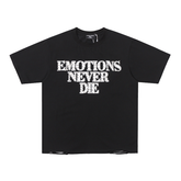 "Emotions Never Die" Rhinestone Distressed Hem Oversized Tee