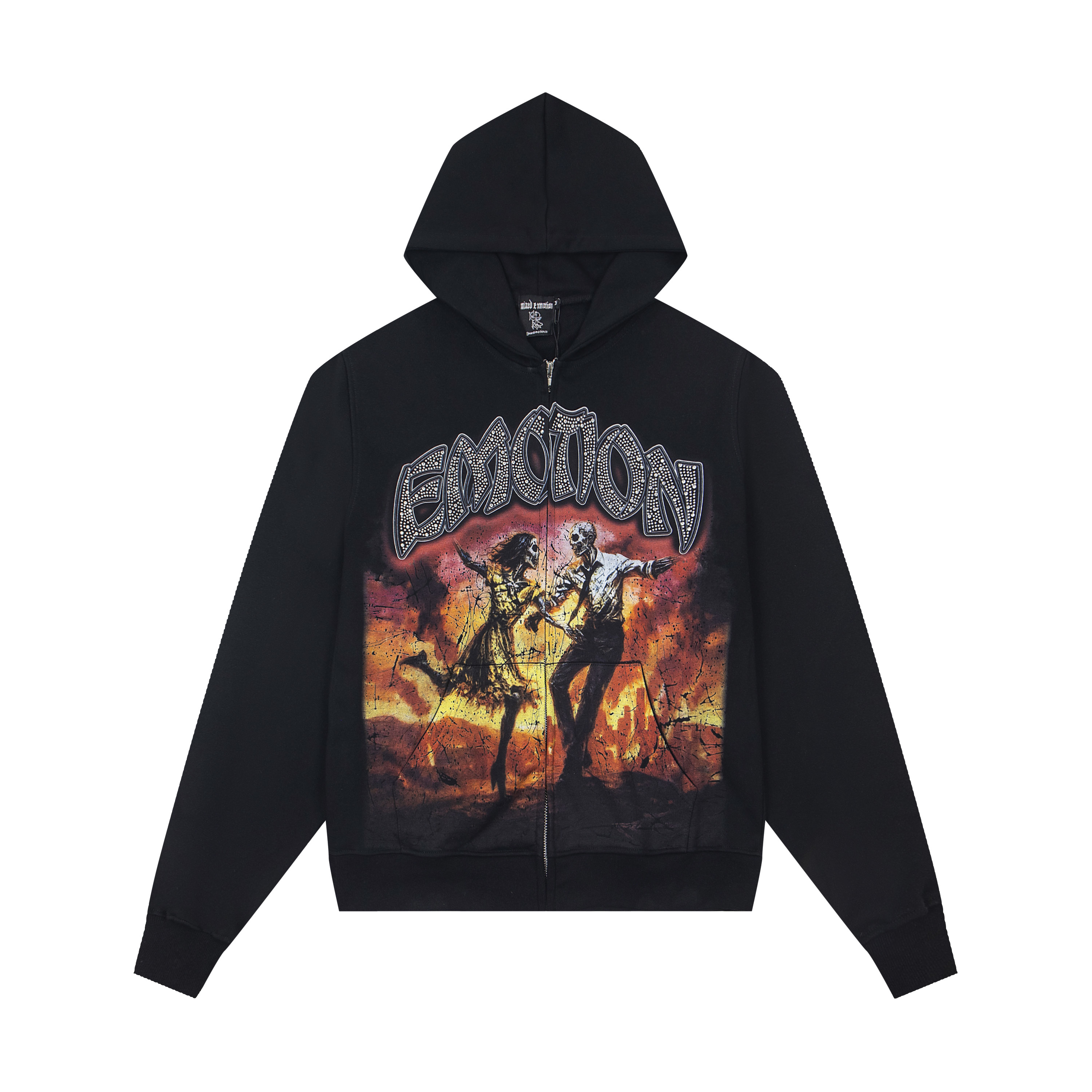 Mixed Emotion Skeleton Dance Rhinestone Zip‑Up Hoodie