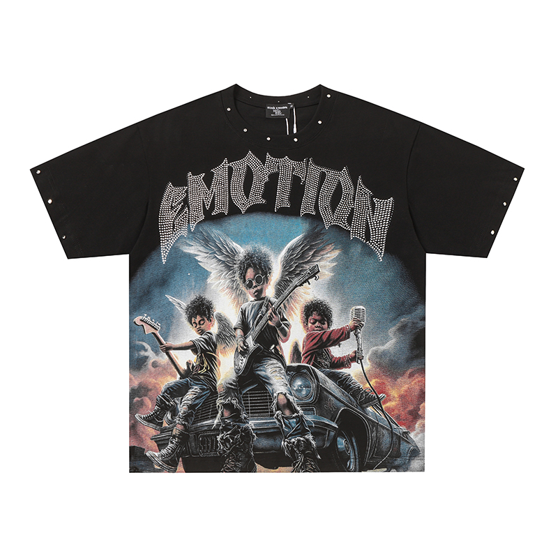 Rivet Collar Rock Angel Band Rhinestone Oversized Graphic Tee