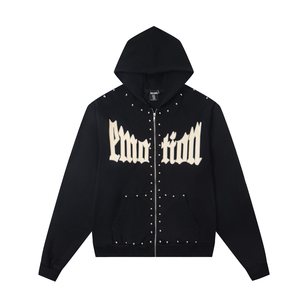 Mixed Emotion Gothic Stud‑Decorated Zip‑Up Hoodie Black & Off‑White