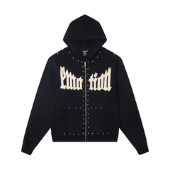 Mixed Emotion Gothic Stud‑Decorated Zip‑Up Hoodie Black & Off‑White