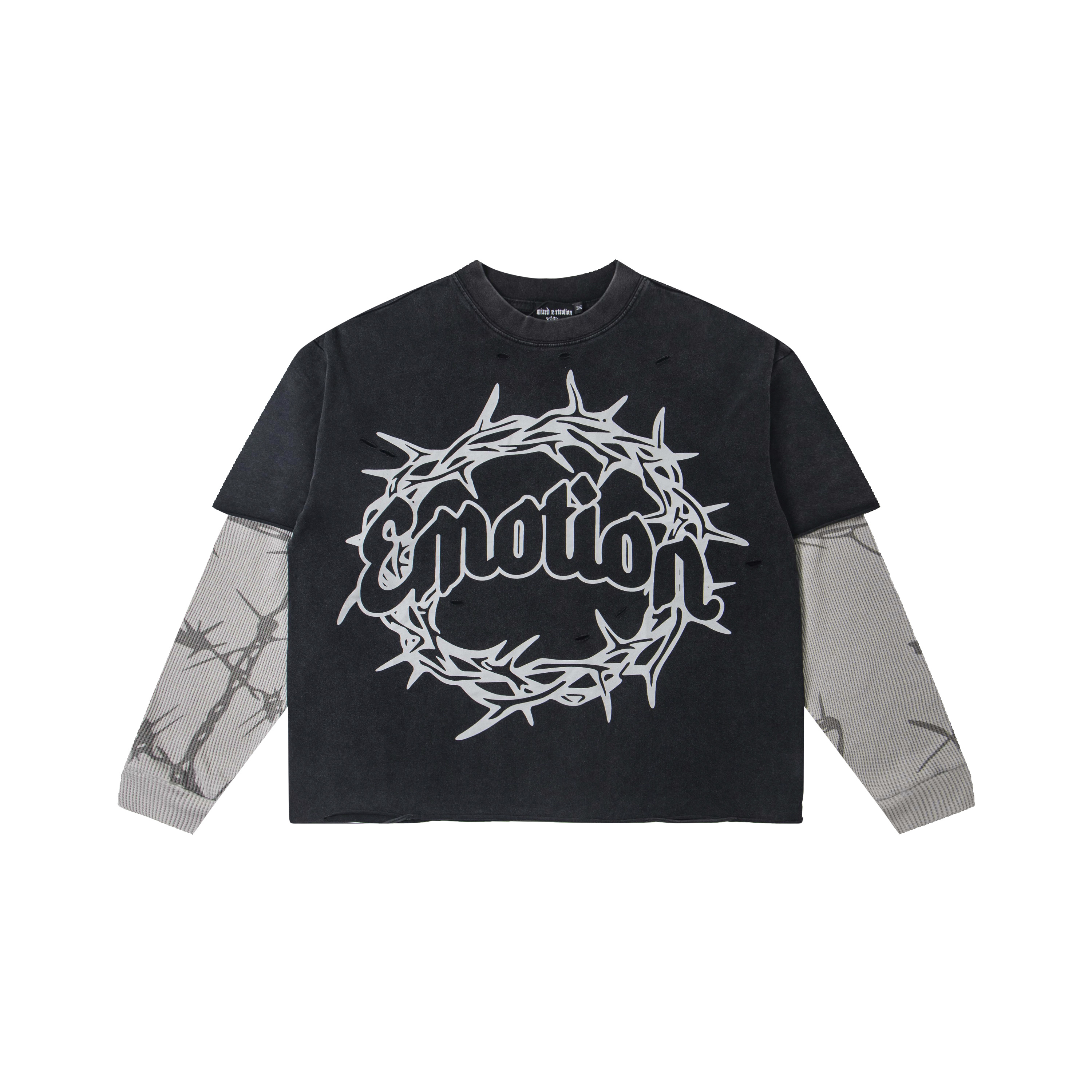 Mixed Emotion Thorn Crown Graphic Faux Layered Long‑Sleeve Tee