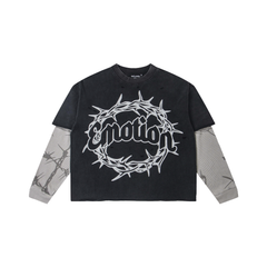 Mixed Emotion Thorn Crown Graphic Faux Layered Long‑Sleeve Tee