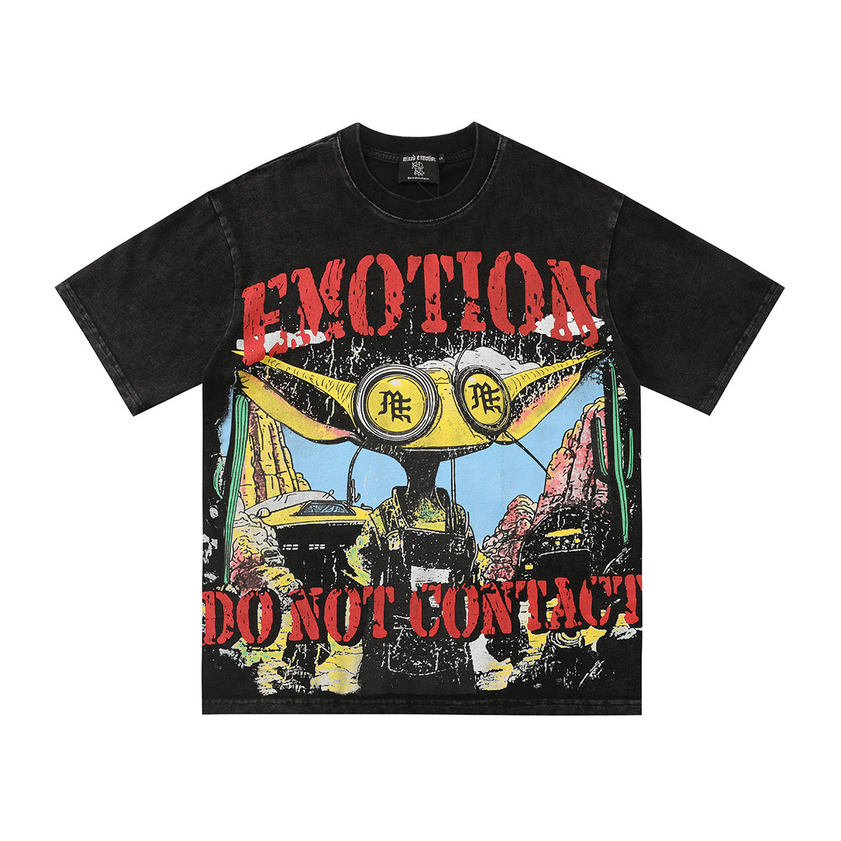 Mixed Emotion Do Not Contact Pilot Skull Graphic T-Shirt Vintage Washed Black Unisex Punk Streetwear