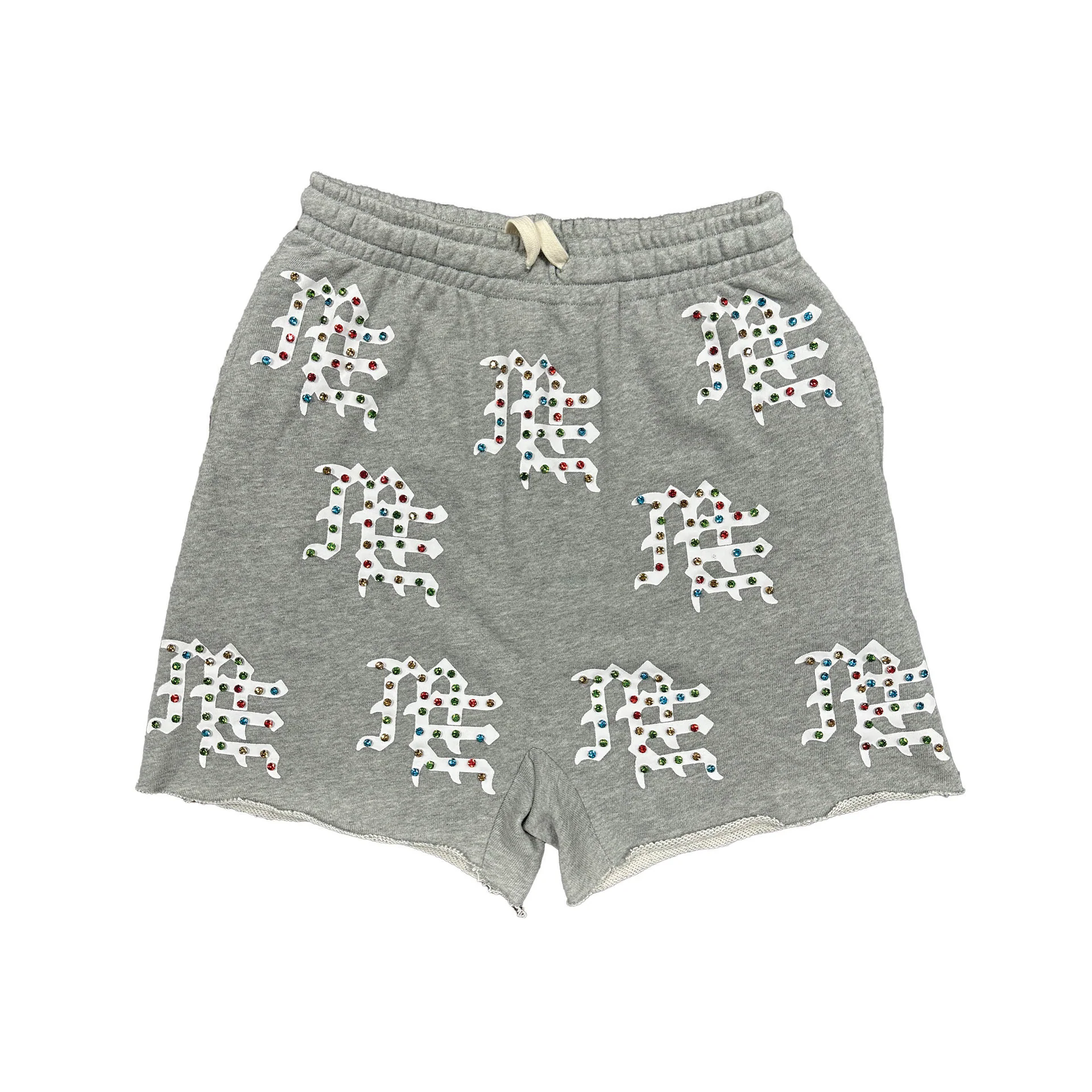 Mixed Emotion Unisex All‑Over Rhinestone Gothic Print Sweat Shorts Elastic Drawstring Waist Raw Cut Hem Street Shorts Black Grey