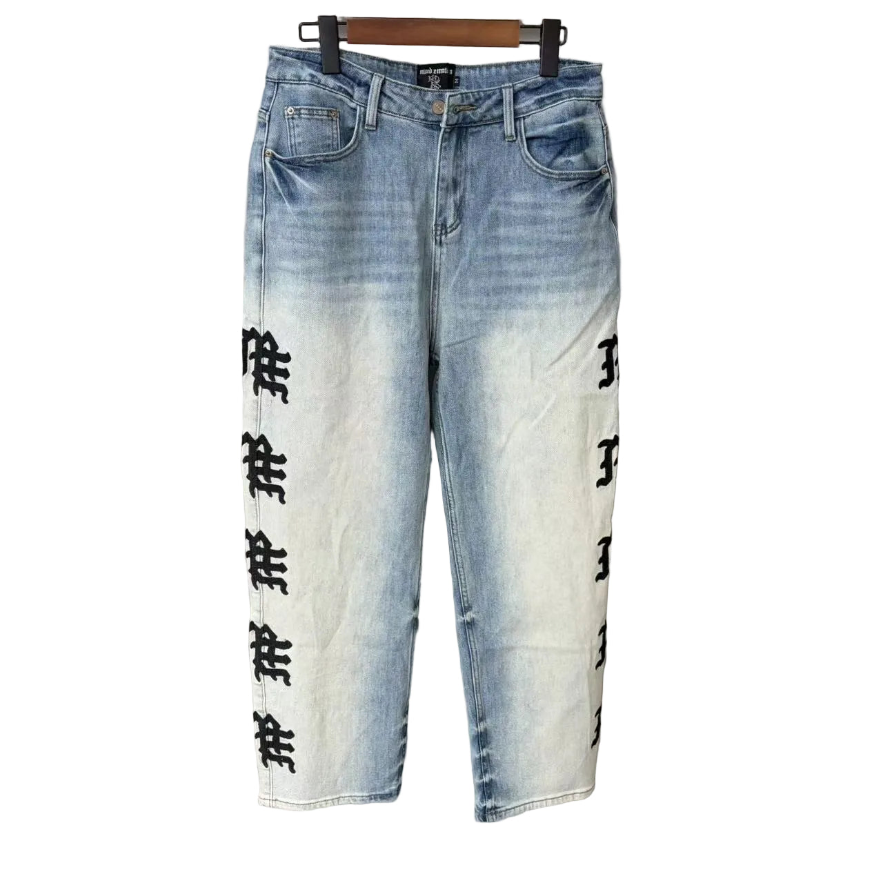 Mixed Emotion Gothic Side Letter Print Baggy Denim Jeans Acid‑Wash Y2K Streetwear Wide‑Leg Pants