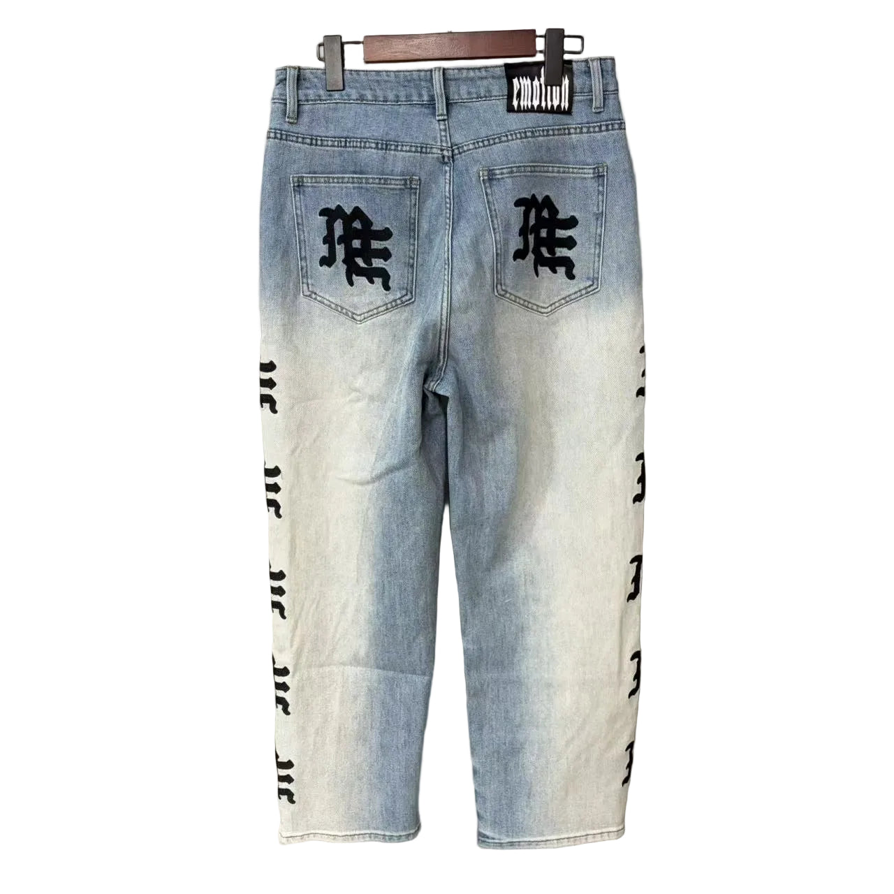 Mixed Emotion Gothic Side Letter Print Baggy Denim Jeans Acid‑Wash Y2K Streetwear Wide‑Leg Pants