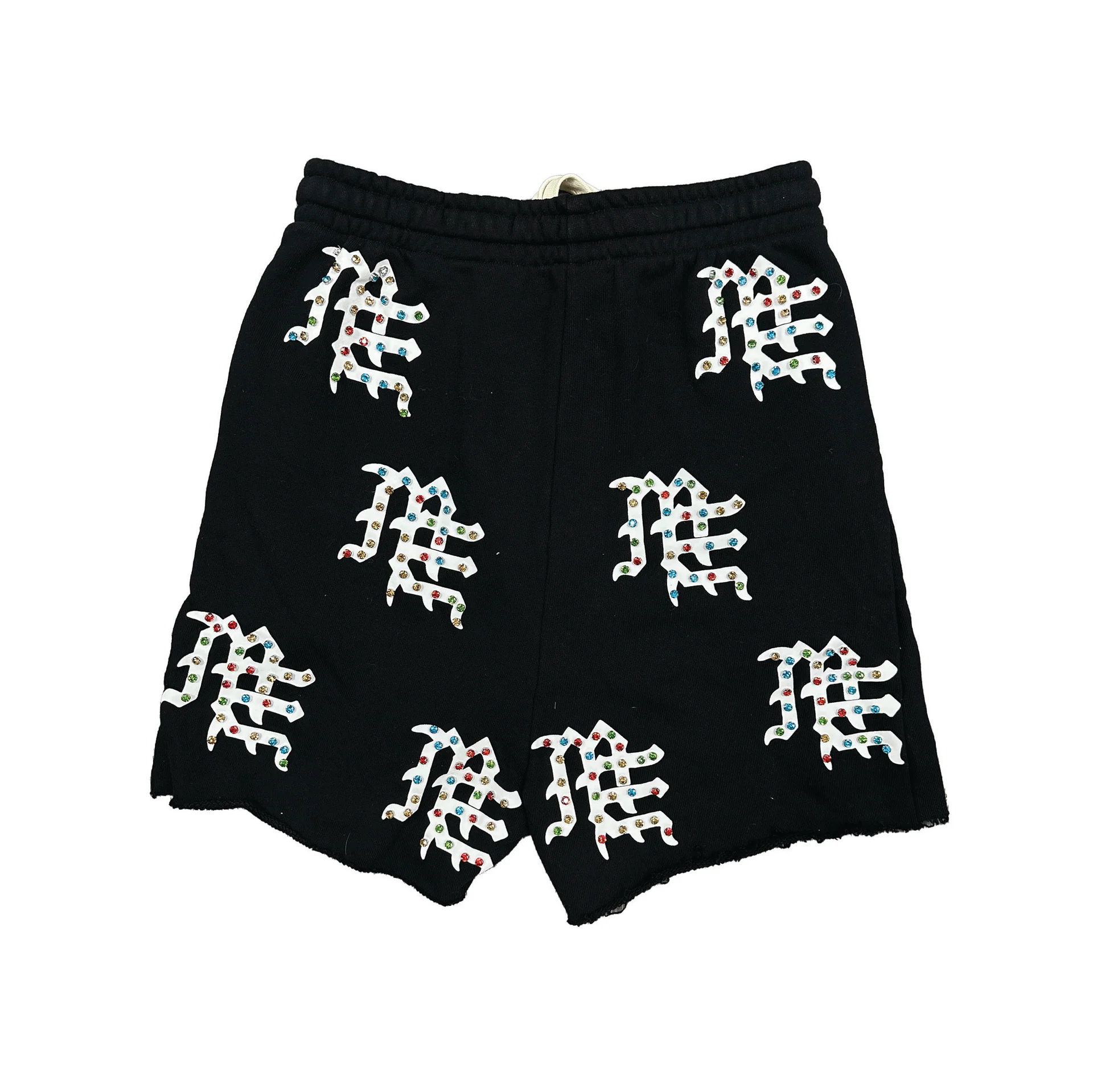 Mixed Emotion Unisex All‑Over Rhinestone Gothic Print Sweat Shorts Elastic Drawstring Waist Raw Cut Hem Street Shorts Black Grey