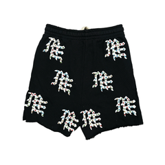 Mixed Emotion Unisex All‑Over Rhinestone Gothic Print Sweat Shorts Elastic Drawstring Waist Raw Cut Hem Street Shorts Black Grey