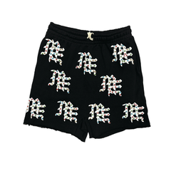 Mixed Emotion Unisex All‑Over Rhinestone Gothic Print Sweat Shorts Elastic Drawstring Waist Raw Cut Hem Street Shorts Black Grey