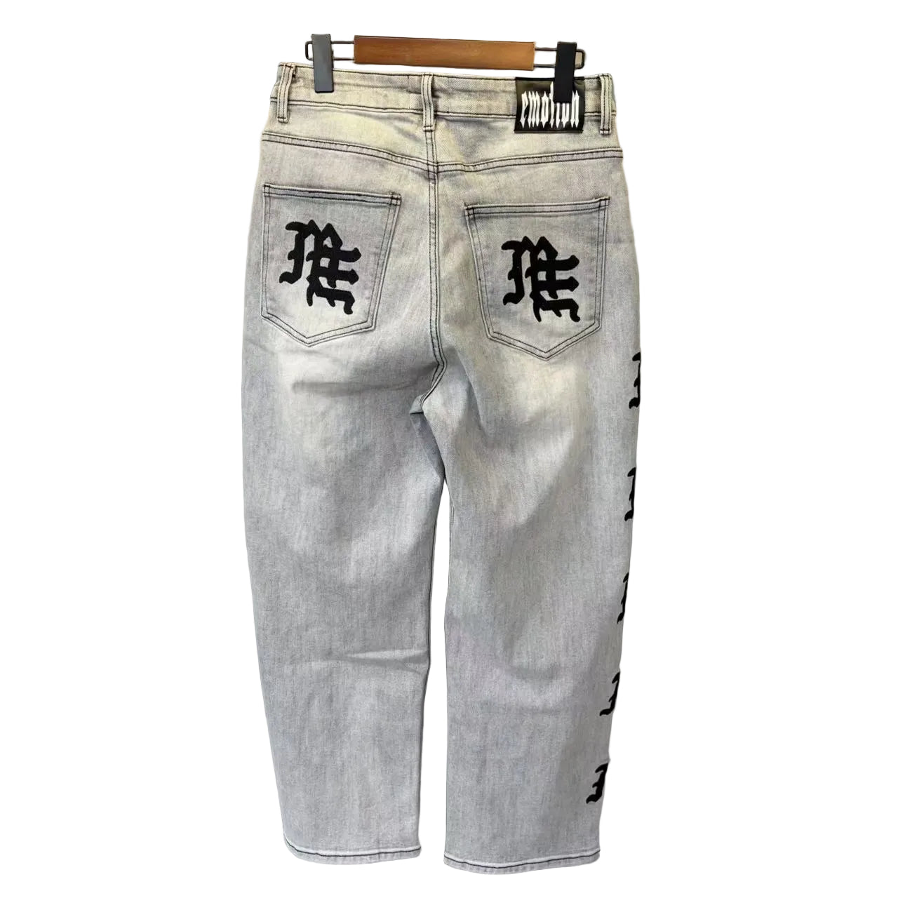 Mixed Emotion Gothic Side Letter Print Baggy Denim Jeans Acid‑Wash Y2K Streetwear Wide‑Leg Pants