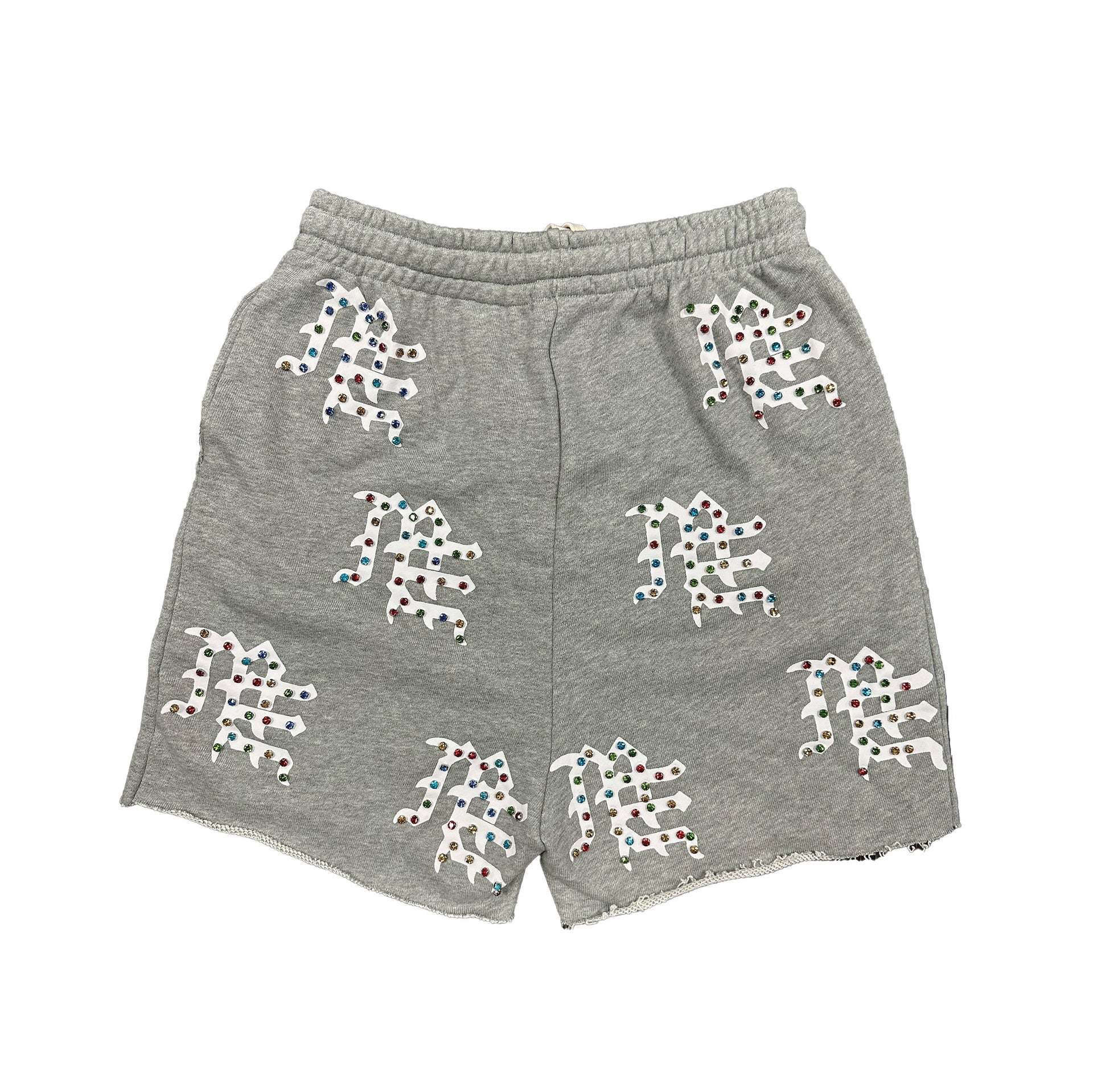 Mixed Emotion Unisex All‑Over Rhinestone Gothic Print Sweat Shorts Elastic Drawstring Waist Raw Cut Hem Street Shorts Black Grey