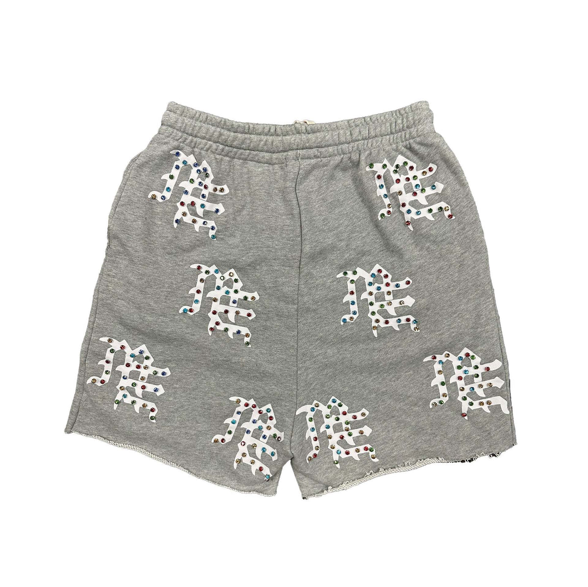 Mixed Emotion Unisex All‑Over Rhinestone Gothic Print Sweat Shorts Elastic Drawstring Waist Raw Cut Hem Street Shorts Black Grey