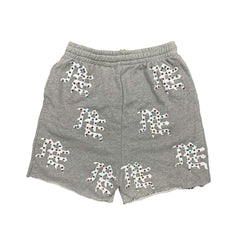 Mixed Emotion Unisex All‑Over Rhinestone Gothic Print Sweat Shorts Elastic Drawstring Waist Raw Cut Hem Street Shorts Black Grey