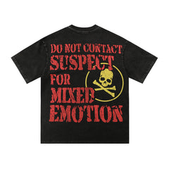 Mixed Emotion Do Not Contact Pilot Skull Graphic T-Shirt Vintage Washed Black Unisex Punk Streetwear