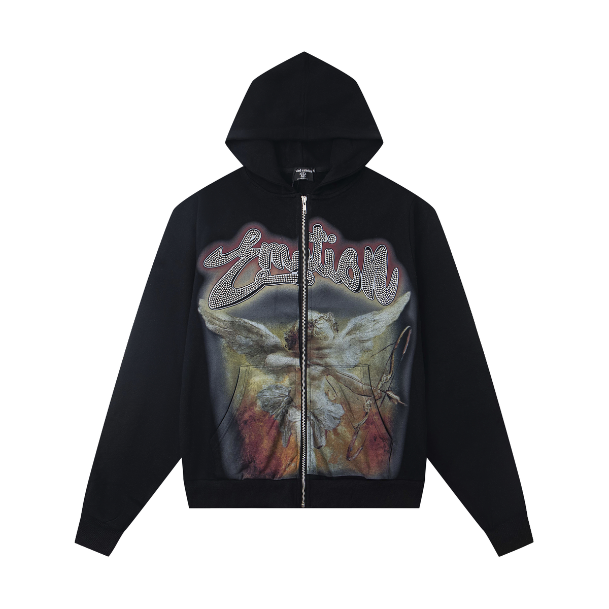 Mixed Emotion Vintage Cupid Angel Rhinestone Zip‑Up Hoodie