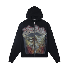 Mixed Emotion Vintage Cupid Angel Rhinestone Zip‑Up Hoodie