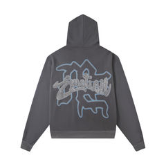 Mixed Emotion Blindfolded Angel Rhinestone Grey Zip‑Up Hoodie