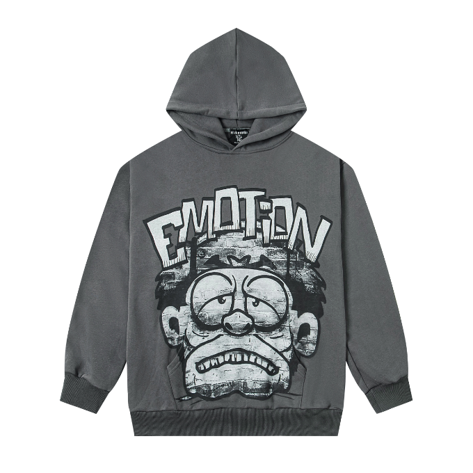 Mixed Emotion Grumpy Cartoon Graphic Grey Pullover Hoodie