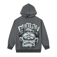 Mixed Emotion Grumpy Cartoon Graphic Grey Pullover Hoodie