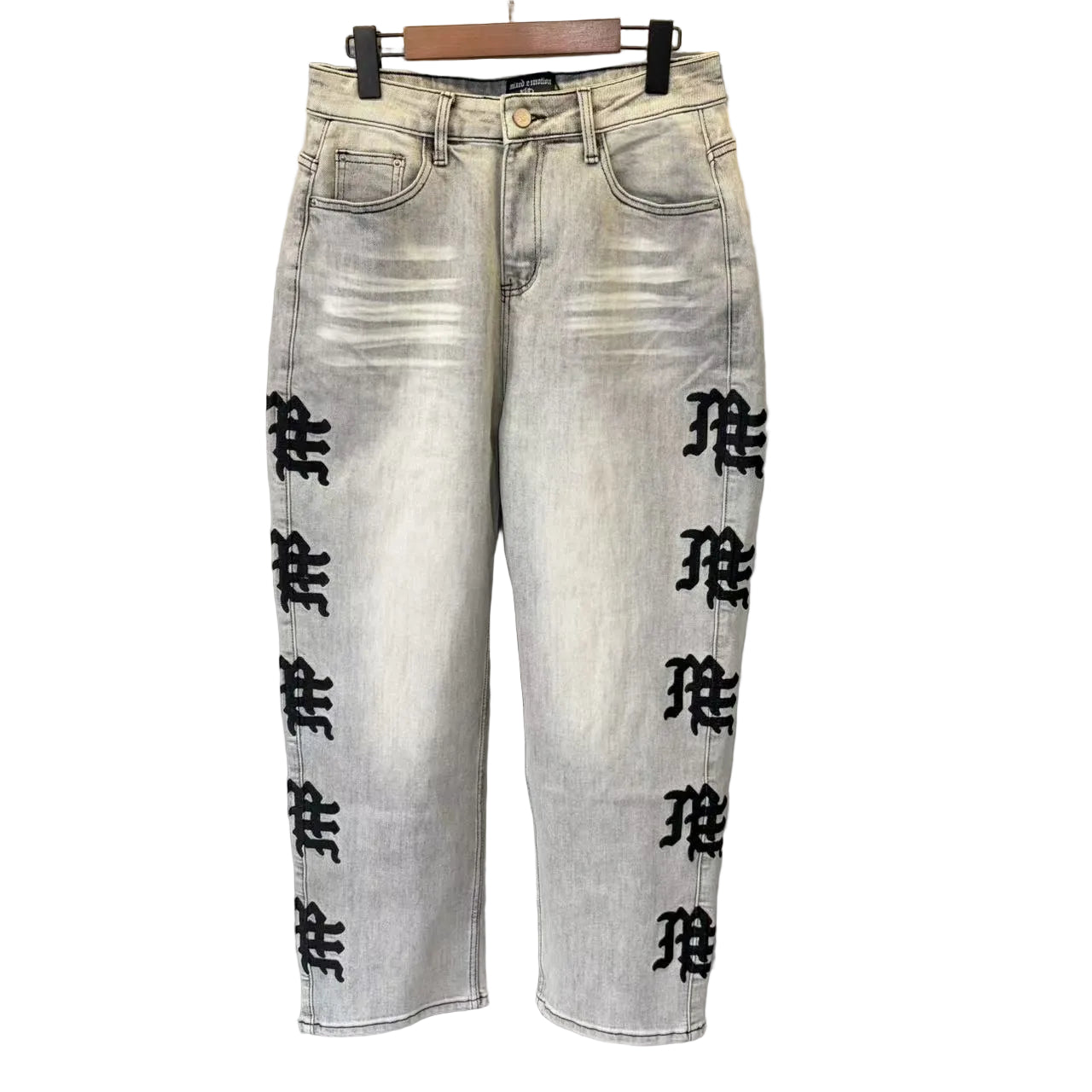 Mixed Emotion Gothic Side Letter Print Baggy Denim Jeans Acid‑Wash Y2K Streetwear Wide‑Leg Pants