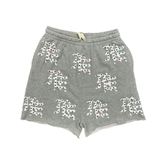 Mixed Emotion Unisex All‑Over Rhinestone Gothic Print Sweat Shorts Elastic Drawstring Waist Raw Cut Hem Street Shorts Black Grey