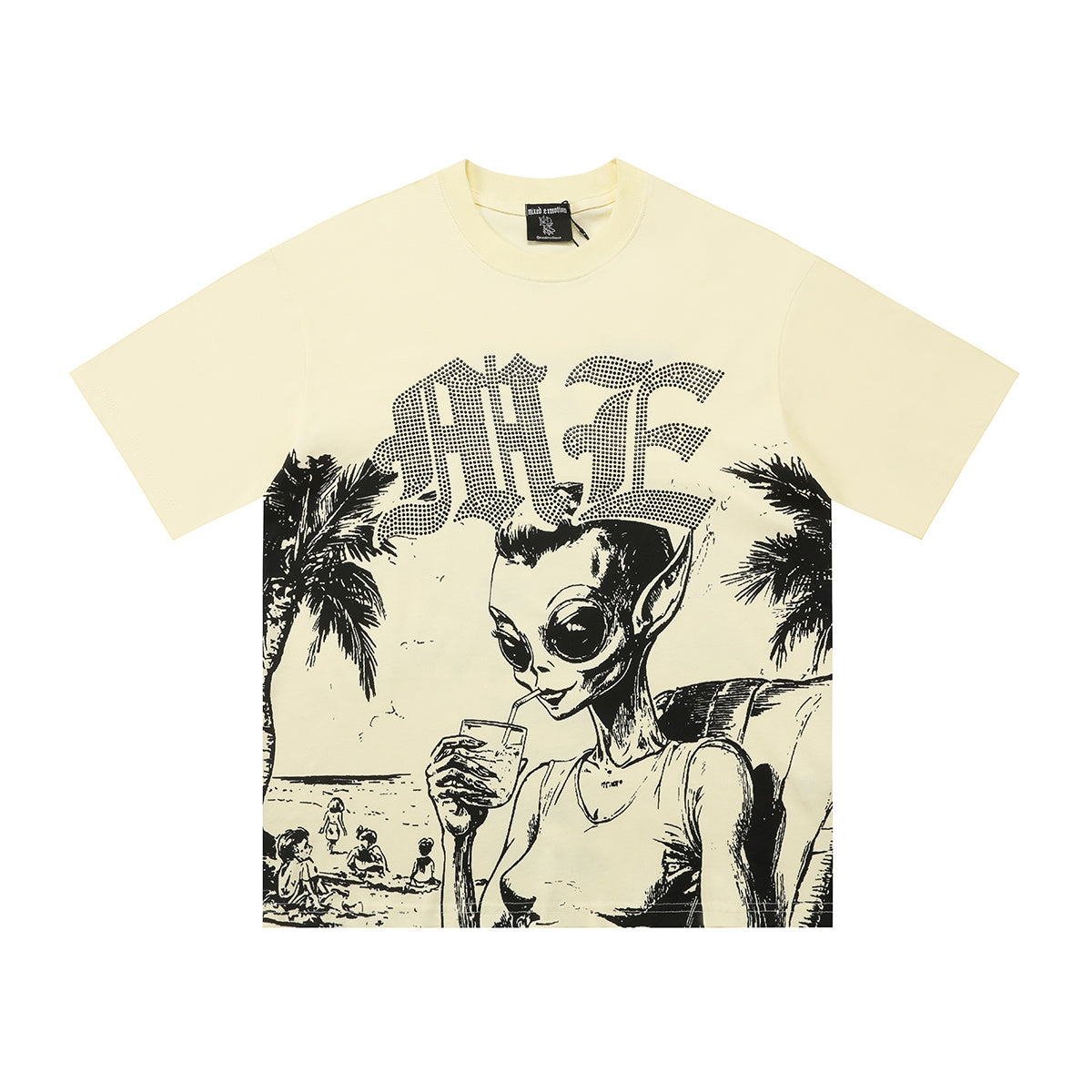 ME Alien Beach Gothic Cross Graphic T-Shirt Cream Vintage Hand-Drawn Unisex Streetwear