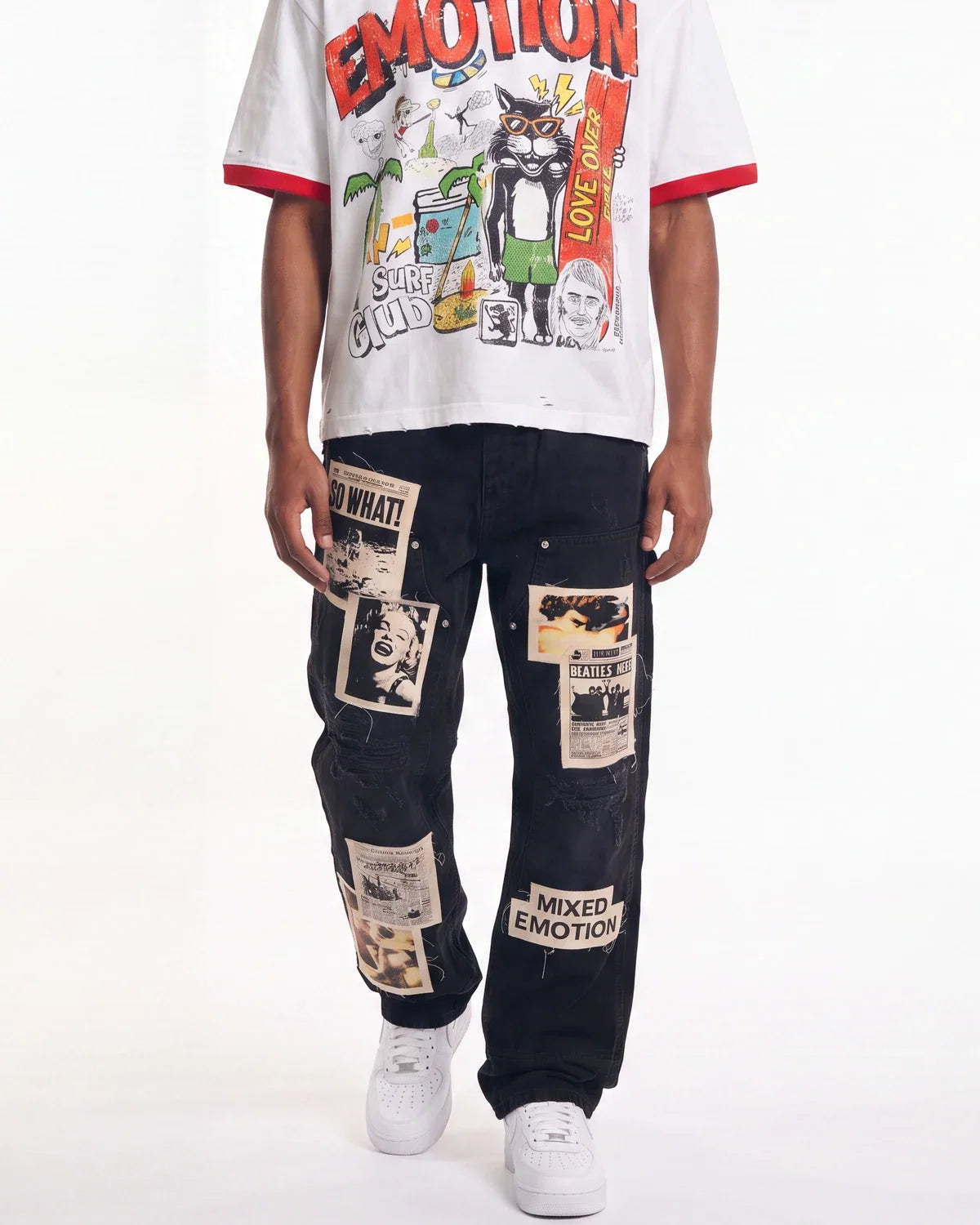 Mixed Emotions Newspaper Carpenter Pants Black