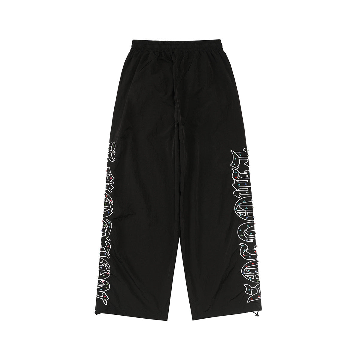 Mixed Emotion Unisex Black Nylon Track Pants Colorful Rhinestone Gothic Side Print Wide‑Leg Streetwear Pants