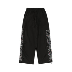 Mixed Emotion Unisex Black Nylon Track Pants Colorful Rhinestone Gothic Side Print Wide‑Leg Streetwear Pants